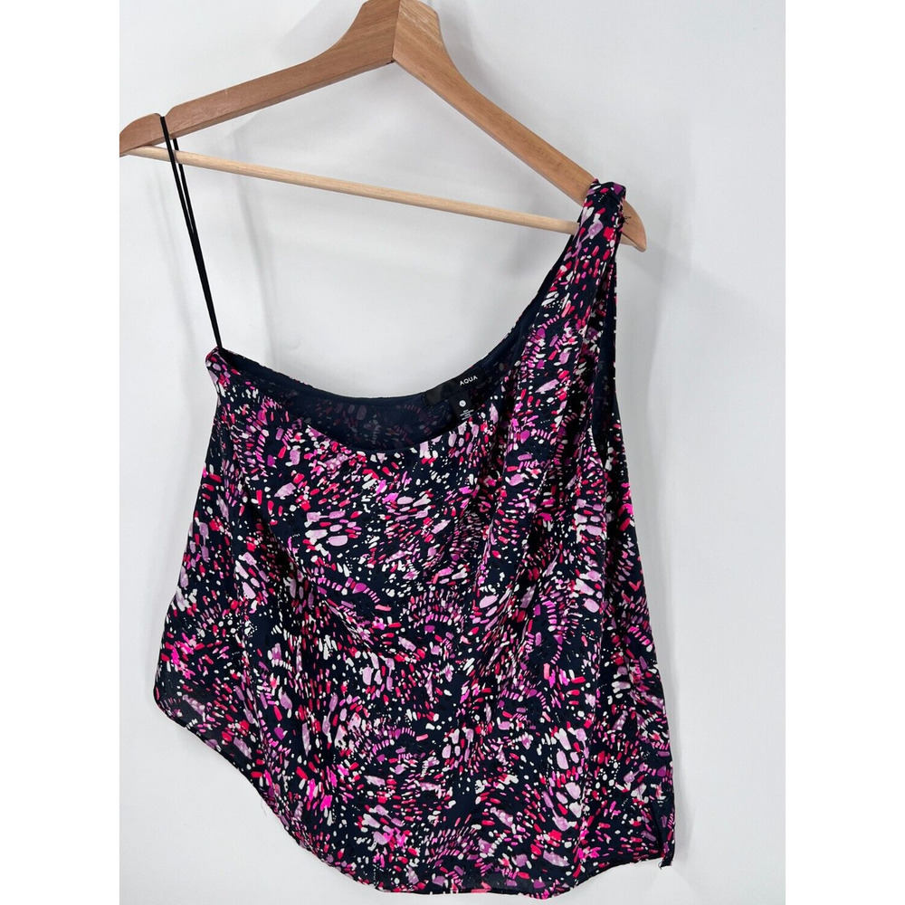 Aqua One Shoulder Top Blouse Black w Multi-Color Polyester Lined Women's Large